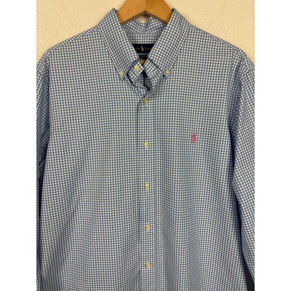 Ralph‎ Lauren Mens Button Up Shirt Sz Large Blue White Gingham Preppy Business - Picture 1 of 11
